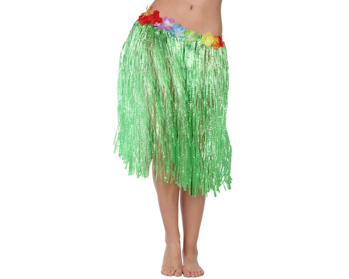 Falda Hawaiana Verde Con Flores Multicolor Flecos 41 cm Falda Hawaiana Verde Con Flores Multicolor Flecos 41 cm