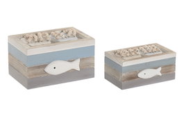 DKD Home Decor Set de 2 Cajas de Almacenaje MDF Azul y Blanco