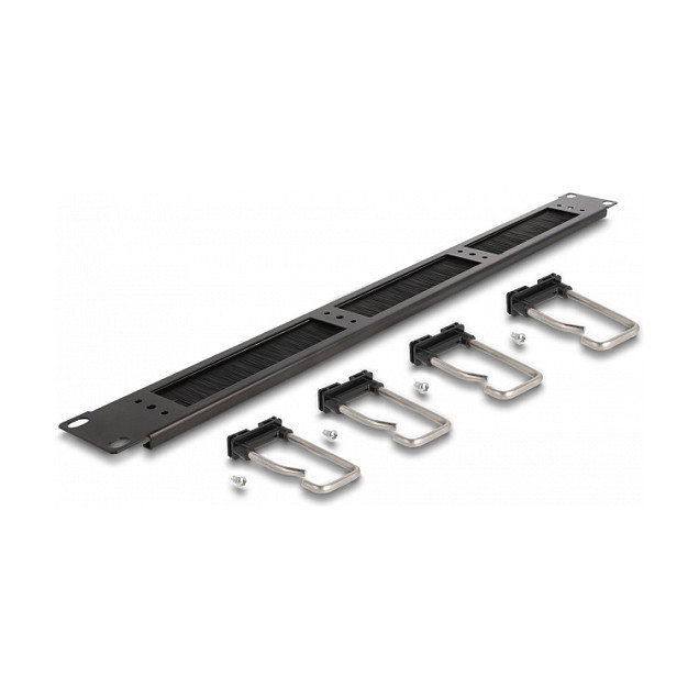 DeLOCK Tira de cepillos para gestión de cables 19″ con 4 ganchos metálicos 1U negro