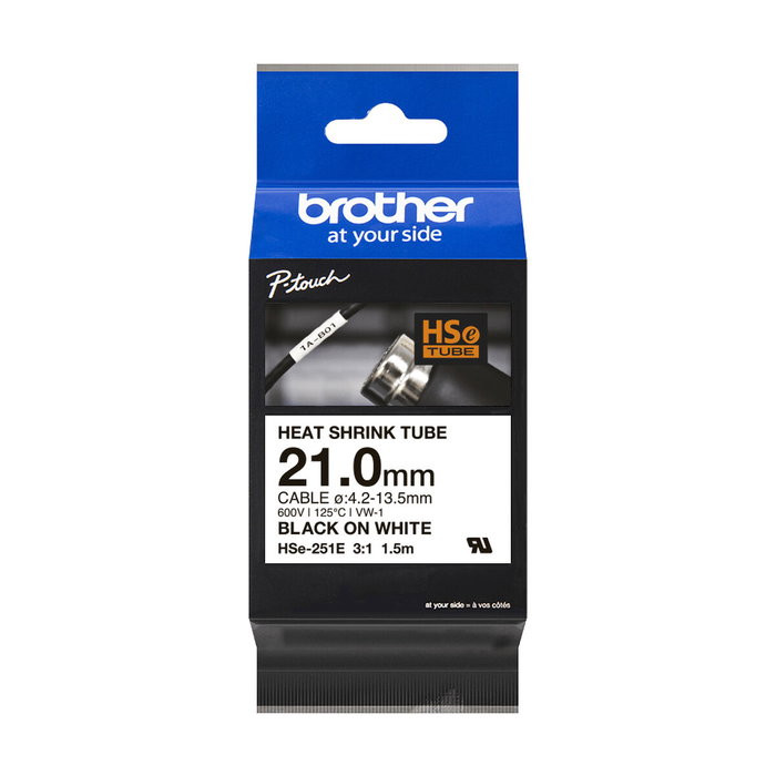 Brother HSe-251E Cinta de Tubo Termorretráctil Negro sobre Blanco 21mm
