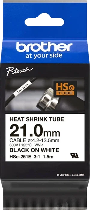 Brother HSe-251E Cinta de Tubo Termorretráctil Negro sobre Blanco 21mm x 1,5m