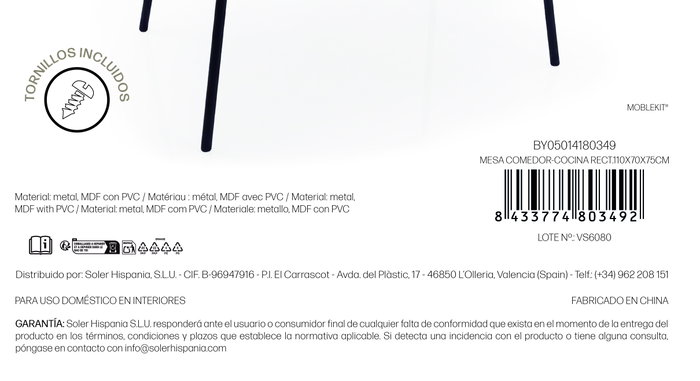 Moblekit Mesa de Comedor y Cocina SIGRID 110x70x75 cm Moblekit Mesa de Comedor y Cocina SIGRID 110x70x75 cm