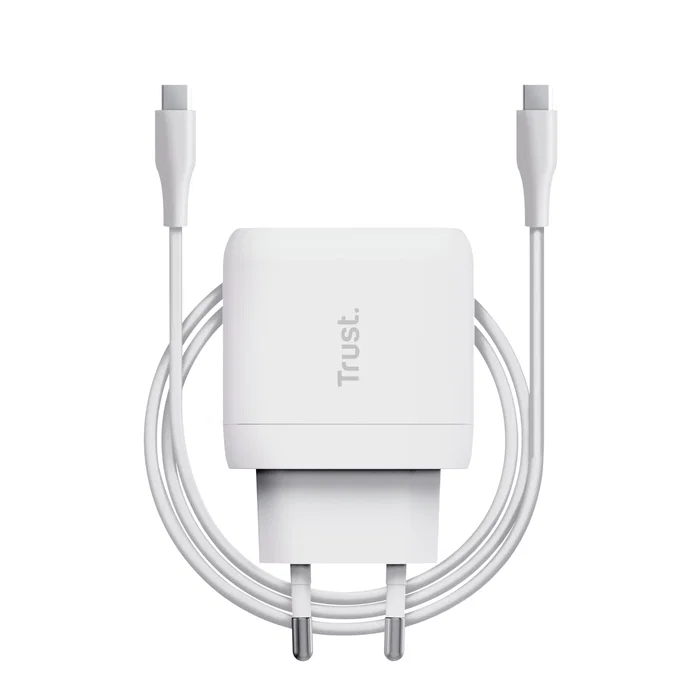 Trust Maxo Cargador de Pared USB-C 45W, Cargador Rápido con Cable 2m, 1 Puerto USB-C PD 3.0, Universal, Blanco, Fabricado con 75% Materiales Reciclados