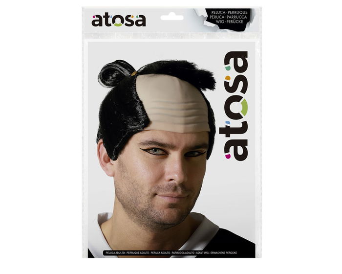 Peluca Tradicional Negra con Coleta 140 gr para Caracterización y Cosplay