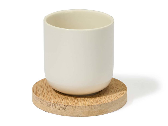 Kinvara Set de 4 Tazas de Café de Cerámica Blanca con Posavasos de Bambú, 95 ml, Aptas para Lavavajillas y Microondas, 28.5 x 17.8 x 6.5 cm (Set de 12)