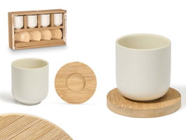 Kinvara Set de 4 Tazas de Café de Cerámica Blanca con Posavasos de Bambú, 95 ml, Aptas para Lavavajillas y Microondas, 28.5 x 17.8 x 6.5 cm (Set de 12)