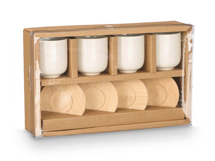 Kinvara Set de 4 Tazas de Café de Cerámica Blanca con Posavasos de Bambú, 95 ml, Aptas para Lavavajillas y Microondas, 28.5 x 17.8 x 6.5 cm (Set de 12)
