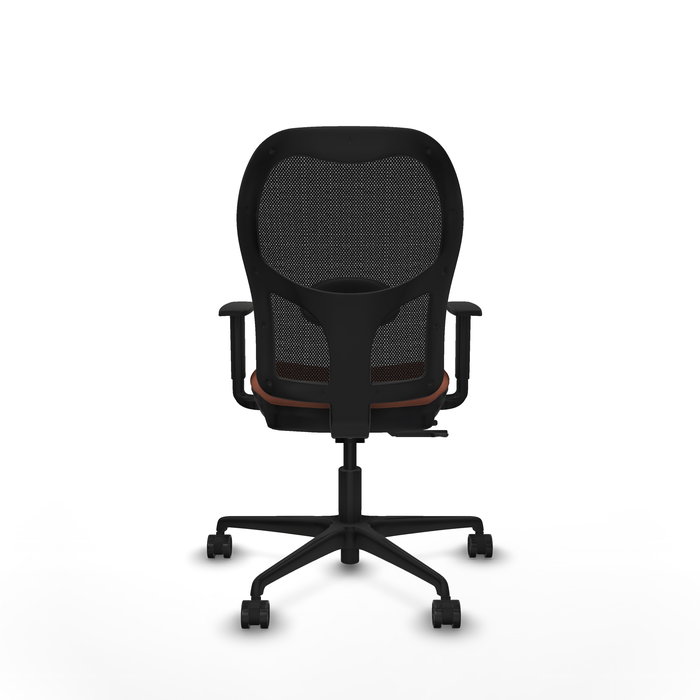 Silla de oficina Jorquera con mecanismo Sincro/Traslack tapizada con Tela color Marrón y malla color Negro. Equipada con lumbar 1D, Brazos 1D y Ruedas 65mm nailon
