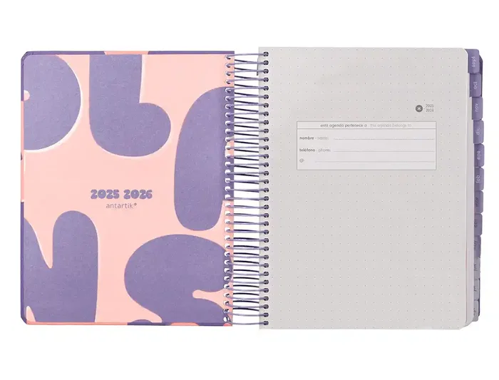 Antartik Agenda escolar 2025-2026 espiral día página A5 bilingüe morado colección Plans papel FSC 80gr