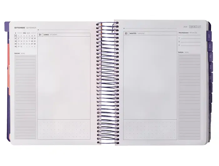 Antartik Agenda escolar 2025-2026 espiral día página A5 bilingüe morado colección Plans papel FSC 80gr