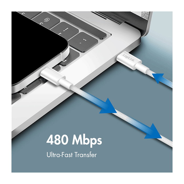 LogiLink Cable USB 2.0 Tipo C a Tipo C, 60W, Nylon, Blanco, 1,5 m
