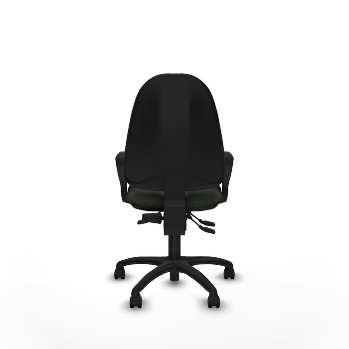 Silla de oficina Algarra con mecanismo Asincro tapizada con Tela color Negro. Equipada con Base poliamida negra, Brazos fijos y Ruedas de nailon 50 mm