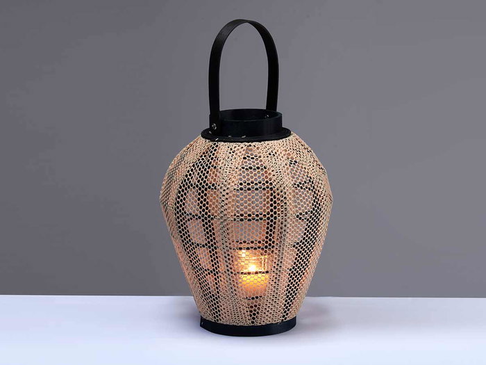 Giftdecor Farol Portavela Asa Cónico Beige y Negro 25x30x25cm, Tela, Madera, Vidrio (Set de 2)
