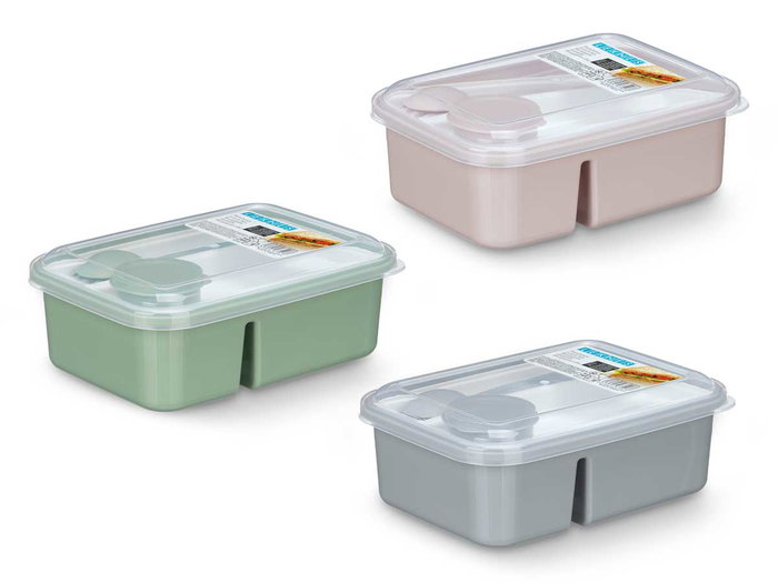 Kinvara Fiambrera Separador Cubiertos 1800ml 20 x 14.5 x 8cm Gris Rosa Verde (Set de 12)