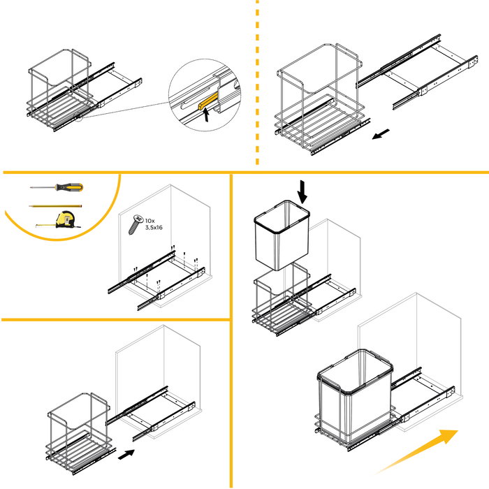 Emuca Contenedor de reciclaje para fijación inferior y extracción manual en mueble de cocina Recycle 1x35litros, Plástico gris antracita