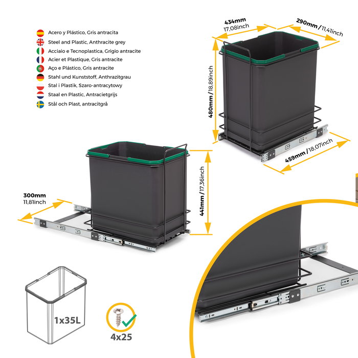 Emuca Contenedor de reciclaje para fijación inferior y extracción manual en mueble de cocina Recycle 1x35litros, Plástico gris antracita