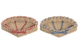 DKD Home Decor Bandeja Seagrass y Metal Diseño Concha Surtido de 4 Unidades en Azul, Rojo y Natural