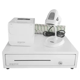 Approx AppPOSPACK4180WH - Pack Terminal TPV con Cajón Portamonedas, Impresora Térmica 80mm 250mm/s, Lector Códigos Barras y Papel - Blanco