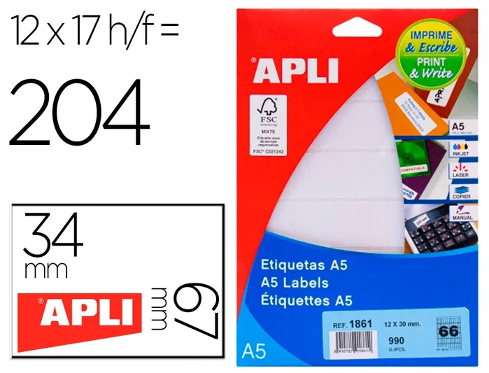 Apli Etiquetas Adhesivas Blancas 12x30 mm con Cantos Romos A5