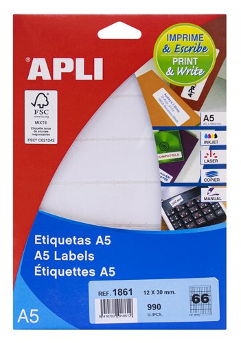 Apli Etiquetas Adhesivas Blancas 12x30 mm con Cantos Romos A5