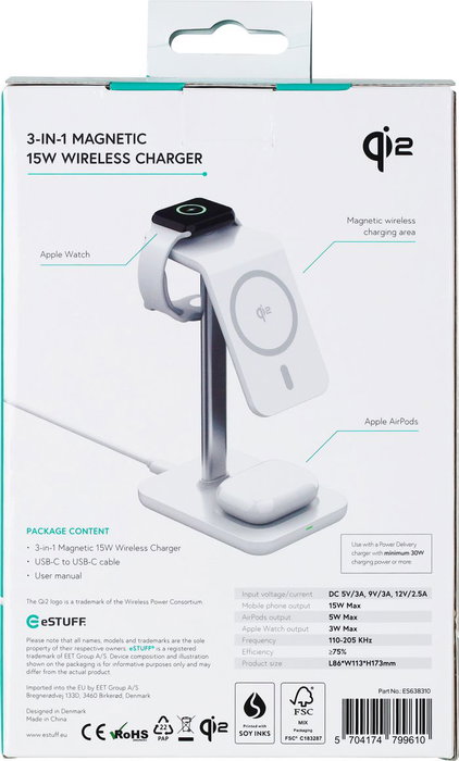 eSTUFF Cargador magnético 3 en 1 con QI2, 15W, para iPhone 12-16, Apple Watch y AirPods, compatible MagSafe y Android