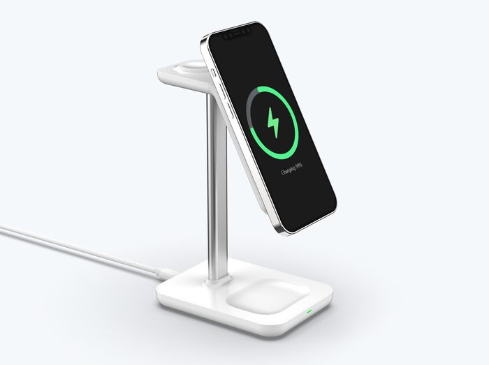 eSTUFF Cargador magnético 3 en 1 con QI2, 15W, para iPhone 12-16, Apple Watch y AirPods, compatible MagSafe y Android