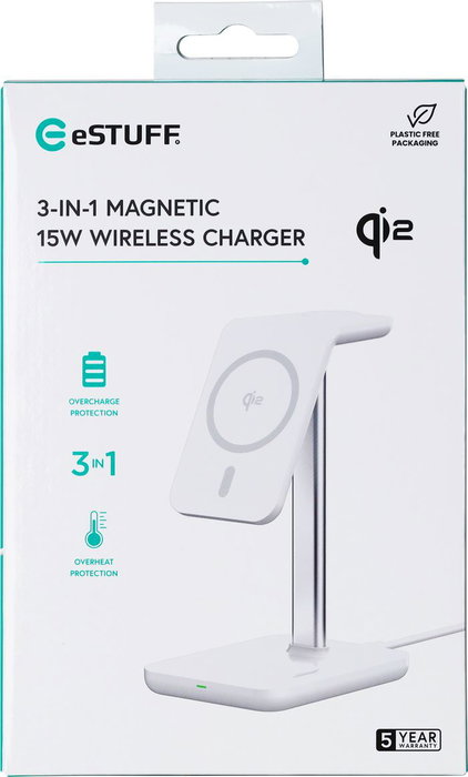 eSTUFF Cargador magnético 3 en 1 con QI2, 15W, para iPhone 12-16, Apple Watch y AirPods, compatible MagSafe y Android