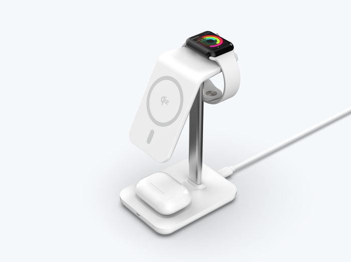 eSTUFF Cargador magnético 3 en 1 con QI2, 15W, para iPhone 12-16, Apple Watch y AirPods, compatible MagSafe y Android