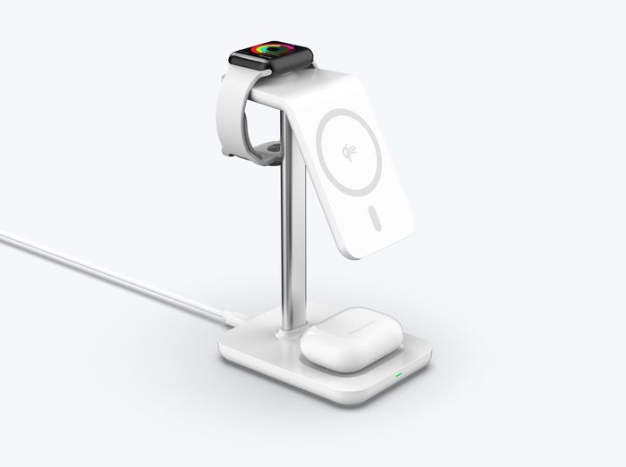 eSTUFF Cargador magnético 3 en 1 con QI2, 15W, para iPhone 12-16, Apple Watch y AirPods, compatible MagSafe y Android