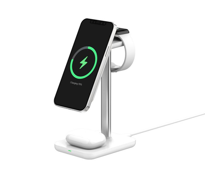 eSTUFF Cargador magnético 3 en 1 con QI2, 15W, para iPhone 12-16, Apple Watch y AirPods, compatible MagSafe y Android