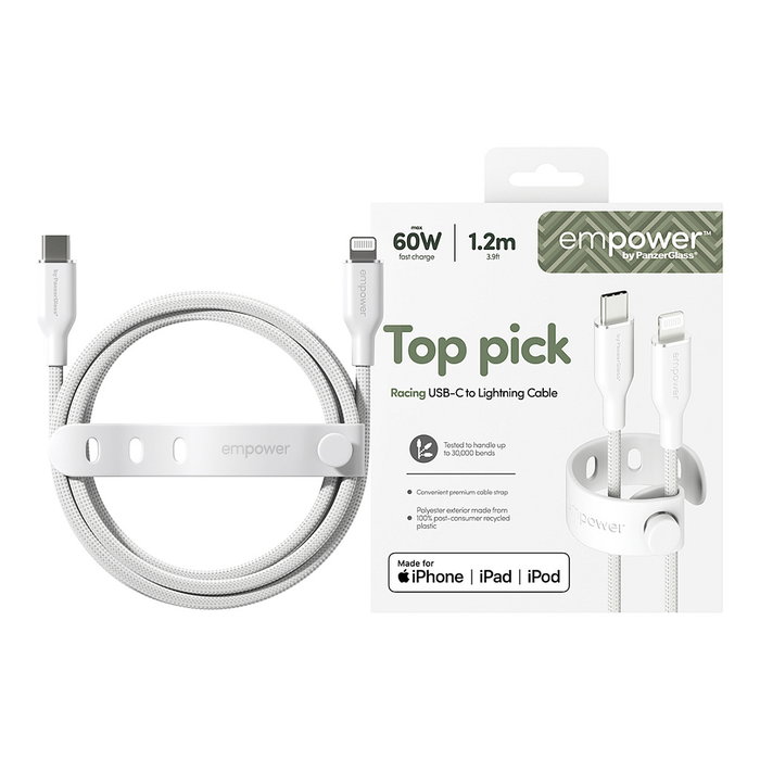 PanzerGlass empower Racing Cable de carga 60W USB-C a Lightning, USB 2.0, 1.2m, Color Blanco Plateado