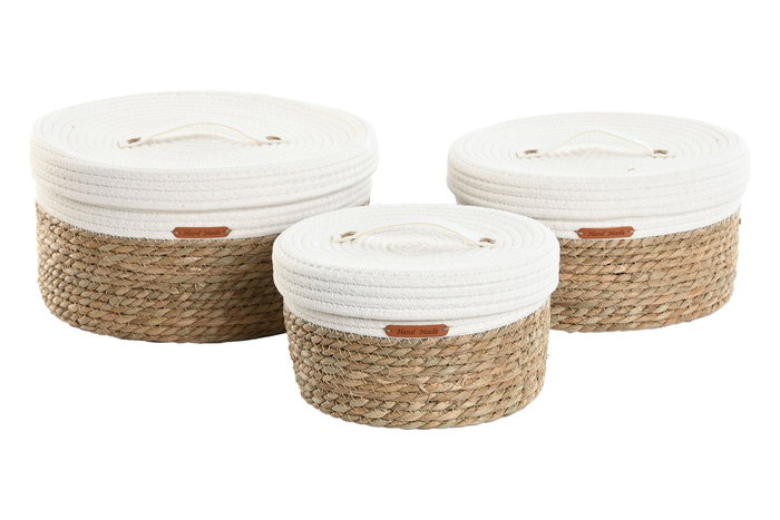DKD Home Decor Cesta Boho Natural Blanco Fibra Algodon Set 3 Piezas 32 x 18 x 32 cm