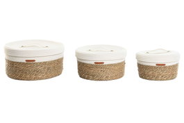 DKD Home Decor Cesta Boho Natural Blanco Fibra Algodon Set 3 Piezas 32 x 18 x 32 cm