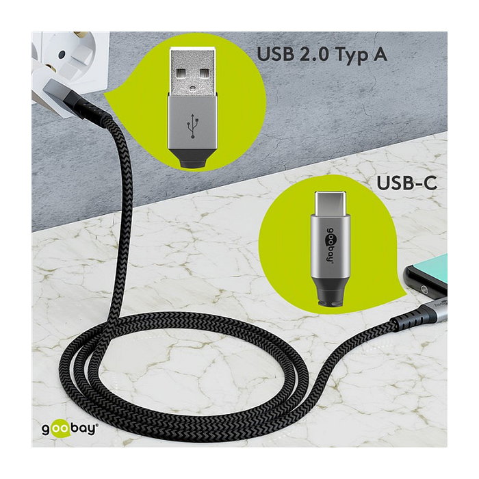 Goobay Cable USB-C a USB-A 49295 Negro Gris, 0.5 m, USB 2.0, 60W Power Delivery, Carga Rapida, Conectores Metal, Revestimiento Textil