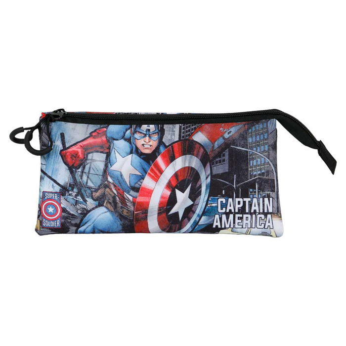 Marvel Capitán América Portatodo Triple FAN 2.0 Defender Estuche Rectangular con 3 Compartimentos Multicolor 11x23x7 cm