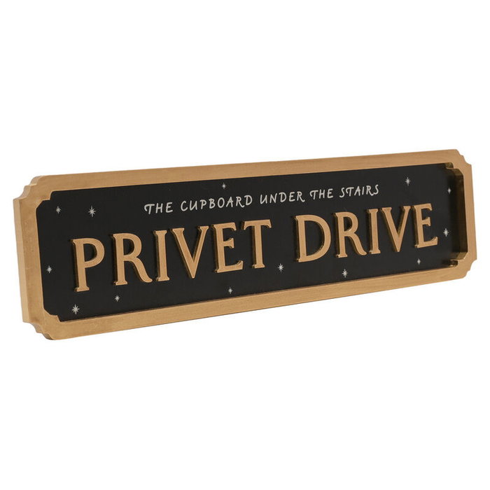 WIDDOP & CO Cartel Privet Drive Harry Potter, Letrero de Metal con Diseño Estrellado que Brilla en la Oscuridad, Borde Madera Dorado con Gancho para Pared