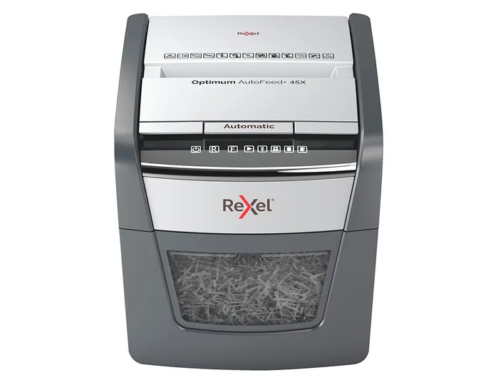 Rexel Optimum AutoFeed 45X Destructora de Papel con Alimentación Automática, Corte en Partículas P-4, Negro/Plata