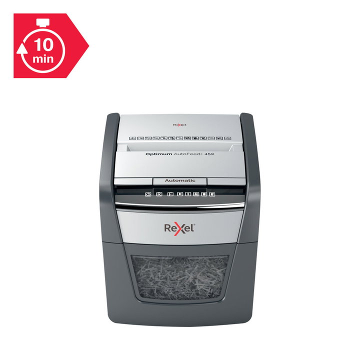 Rexel Optimum AutoFeed 45X Destructora de Papel con Alimentación Automática, Corte en Partículas P-4, Negro/Plata