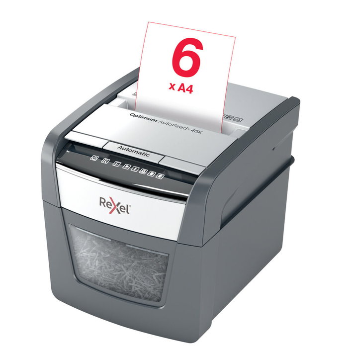 Rexel Optimum AutoFeed 45X Destructora de Papel con Alimentación Automática, Corte en Partículas P-4, Negro/Plata