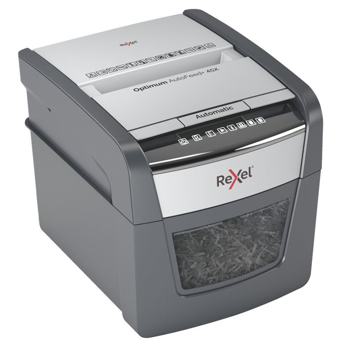 Rexel Optimum AutoFeed 45X Destructora de Papel con Alimentación Automática, Corte en Partículas P-4, Negro/Plata