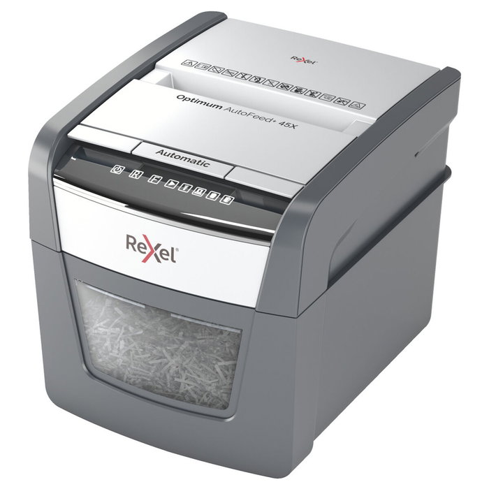 Rexel Optimum AutoFeed 45X Destructora de Papel con Alimentación Automática, Corte en Partículas P-4, Negro/Plata