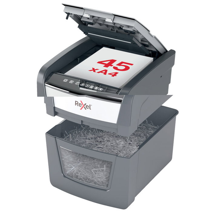 Rexel Optimum AutoFeed 45X Destructora de Papel con Alimentación Automática, Corte en Partículas P-4, Negro/Plata