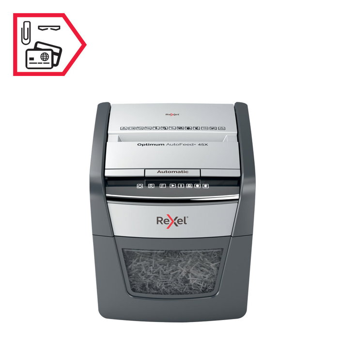 Rexel Optimum AutoFeed 45X Destructora de Papel con Alimentación Automática, Corte en Partículas P-4, Negro/Plata