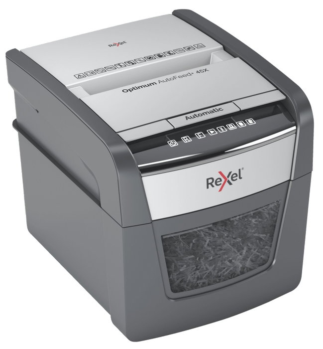 Rexel Optimum AutoFeed 45X Destructora de Papel con Alimentación Automática, Corte en Partículas P-4, Negro/Plata