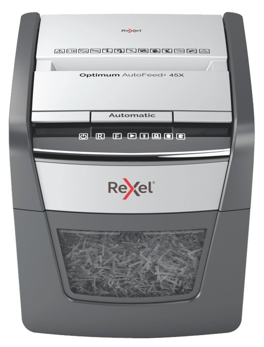 Rexel Optimum AutoFeed 45X Destructora de Papel con Alimentación Automática, Corte en Partículas P-4, Negro/Plata