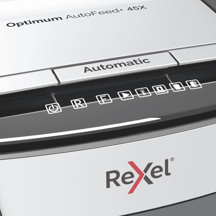 Rexel Optimum AutoFeed 45X Destructora de Papel con Alimentación Automática, Corte en Partículas P-4, Negro/Plata