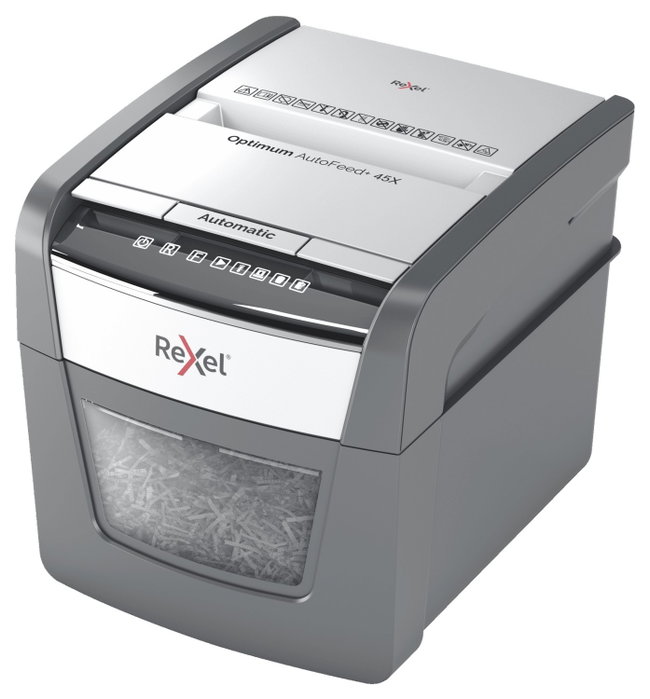 Rexel Optimum AutoFeed 45X Destructora de Papel con Alimentación Automática, Corte en Partículas P-4, Negro/Plata