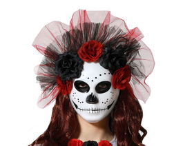 Máscara Blanca Calavera Flores Catrina Día de Muertos Halloween Accesorio