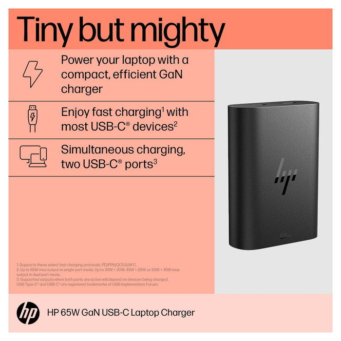 HP Cargador para Portátil 65W USB-C GaN Negro HP Cargador para Portátil 65W USB-C GaN Negro