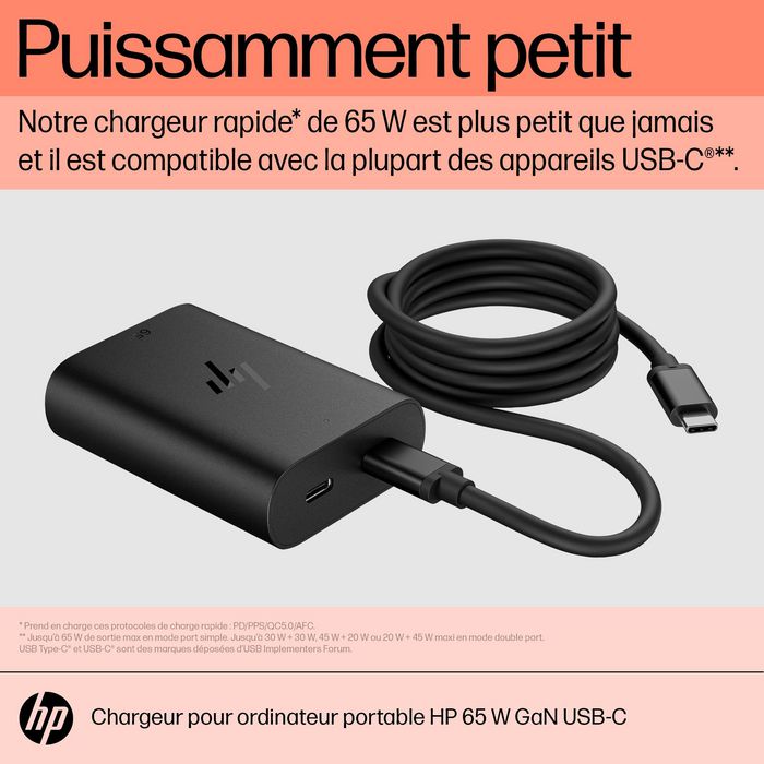 HP 65W GaN USB-C Cargador para portátil, Potencia Compacta con Doble Puerto para Carga Rápida